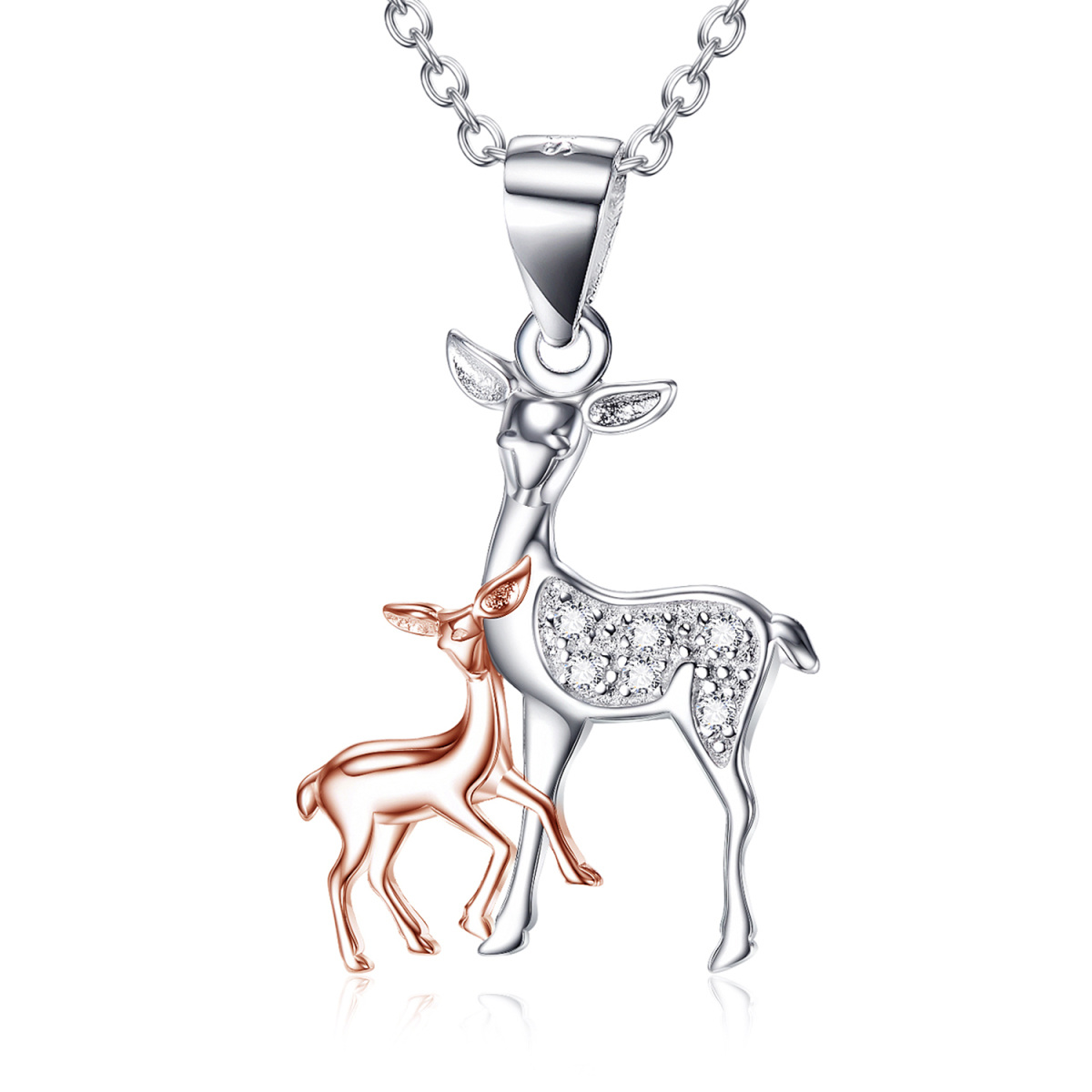 Sterling Silver Two-tone Circular Shaped Cubic Zirconia Elk Pendant Necklace-1