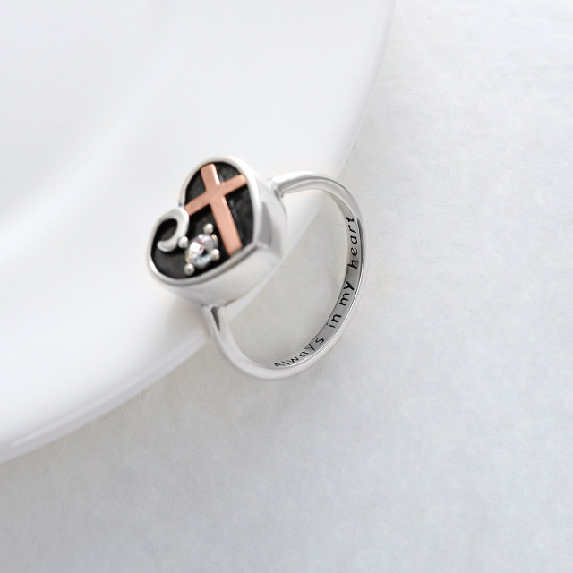 Sterling Silver Two-tone Circular Shaped Crystal Cross & Heart Urn Ring with Engraved Word-3