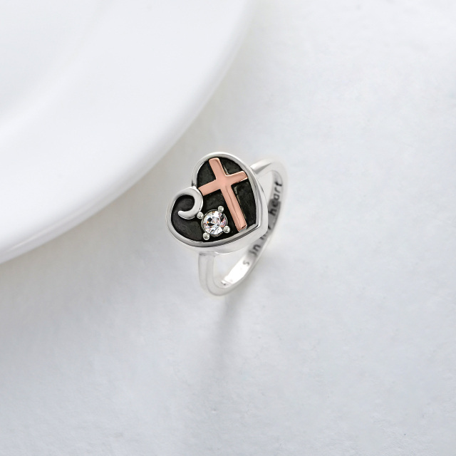 Anillo de plata de ley de dos tonos con forma circular de cruz de cristal y urna de corazó-2