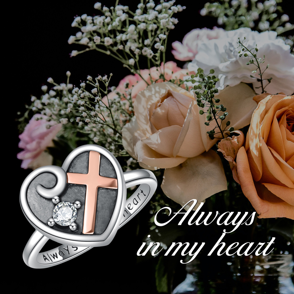 Sterling Silver Two-tone Circular Shaped Crystal Cross & Heart Urn Ring with Engraved Word-6