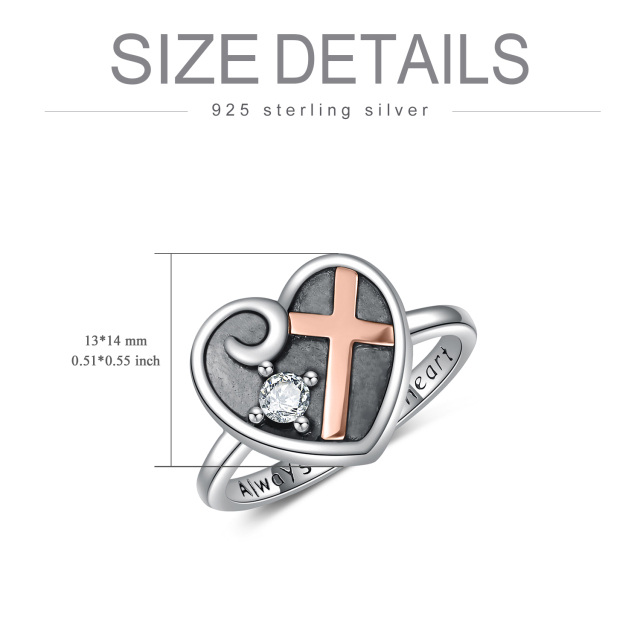 Sterling Silver Two-tone Circular Shaped Crystal Cross & Heart Urn Ring with Engraved Word-4