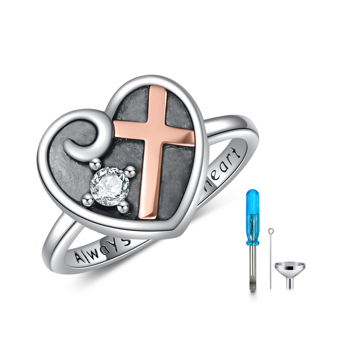 Sterling Silver Two-tone Circular Shaped Crystal Cross & Heart Urn Ring with Engraved Word-1