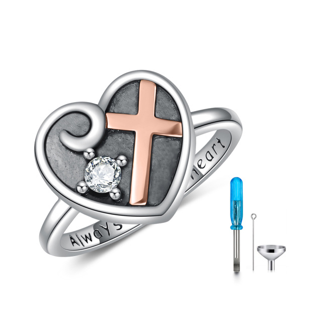 Sterling Silver Two-tone Circular Shaped Crystal Cross & Heart Urn Ring with Engraved Word-0