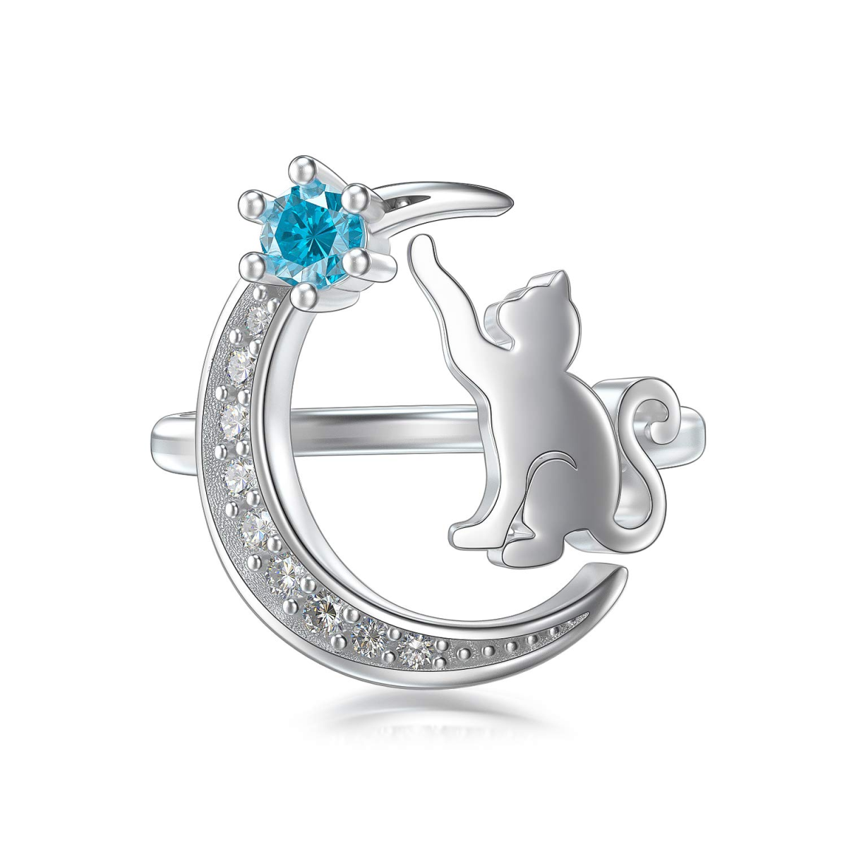 Sterling Silver Circular Shaped Cubic Zirconia Cat Open Ring-1