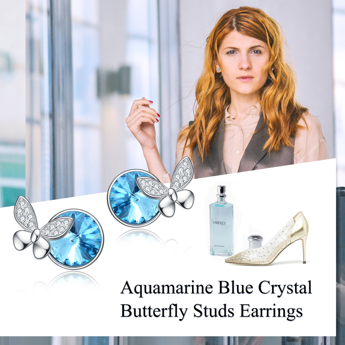 Sterling Silver Blue Crystal Butterfly Stud Earrings-6