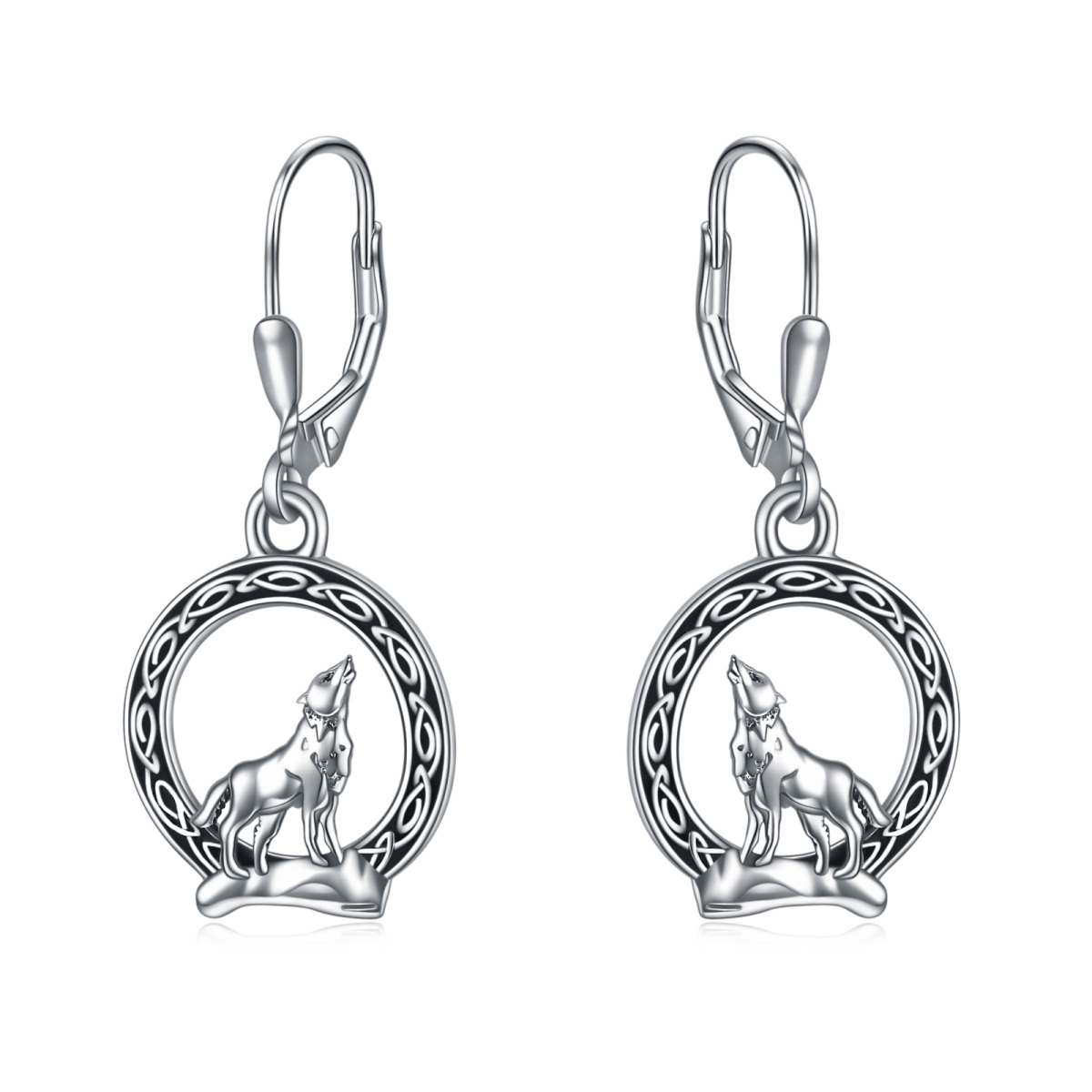 Sterling Silver Wolf & Celtic Knot Lever-back Earrings-1