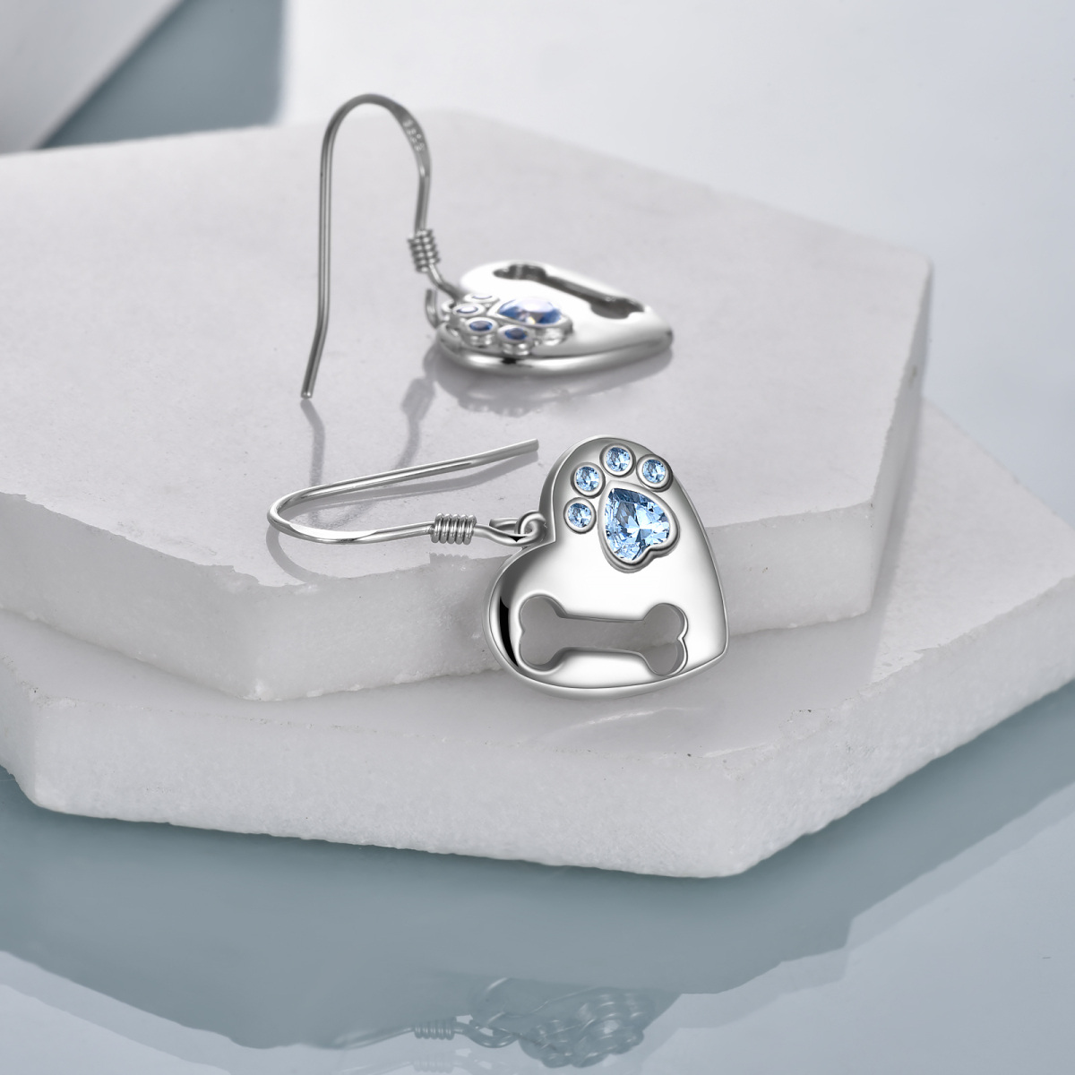 Sterling Silver Cubic Zirconia Paw & Bone & Heart Drop Earrings-3