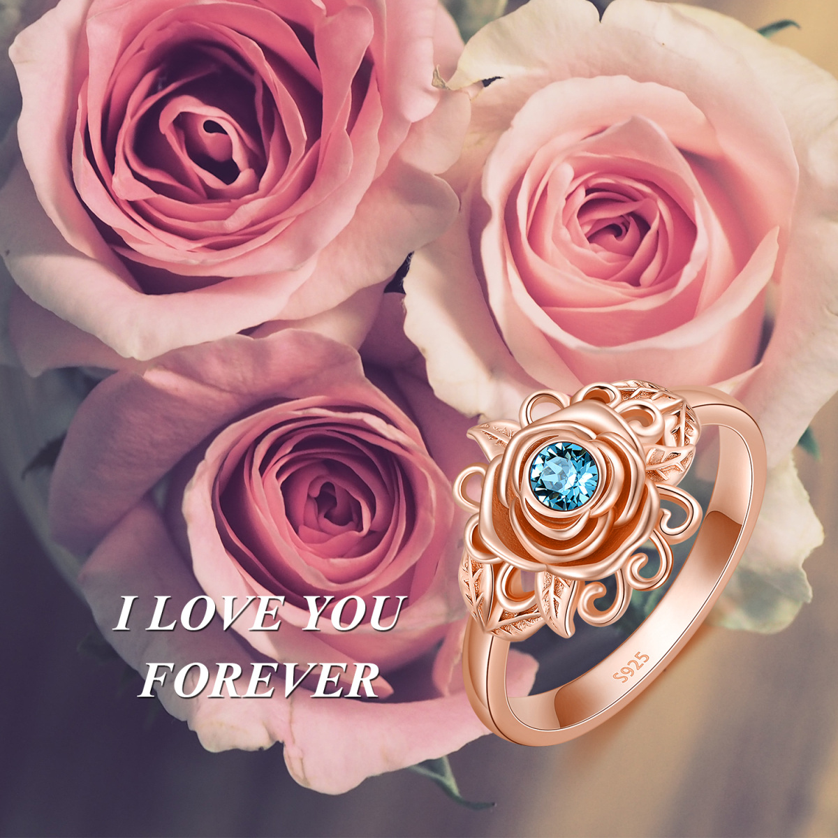 Sterling Silver with Rose Gold Plated Circular Shaped Crystal Rose Ring-5