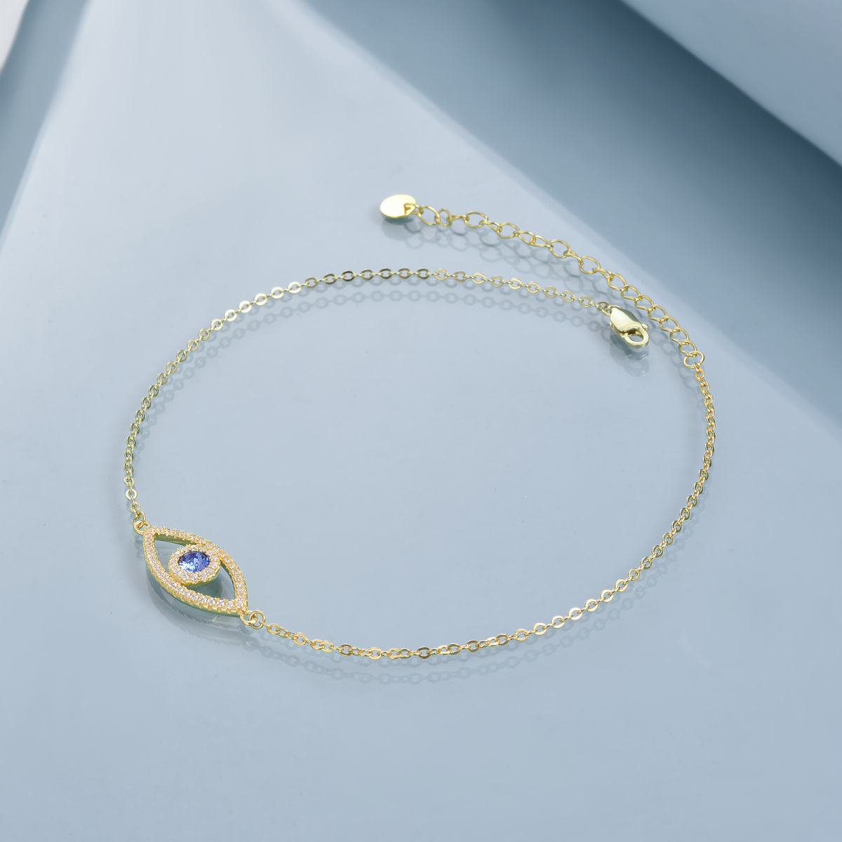 Sterling Silver with Yellow Gold Plated Circular Shaped Crystal Evil Eye Single Layer Anklet-4