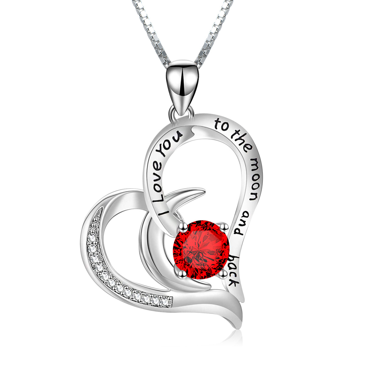 Sterling Silver Circular Shaped Cubic Zirconia Heart & Moon Pendant Necklace with Engraved Word-1