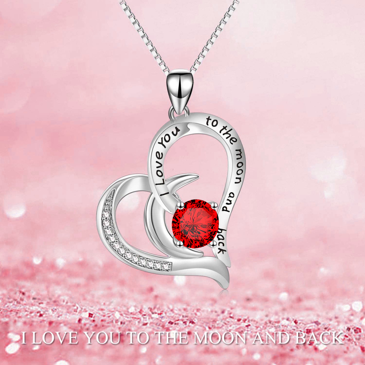 Sterling Silver Circular Shaped Cubic Zirconia Heart & Moon Pendant Necklace with Engraved Word-5