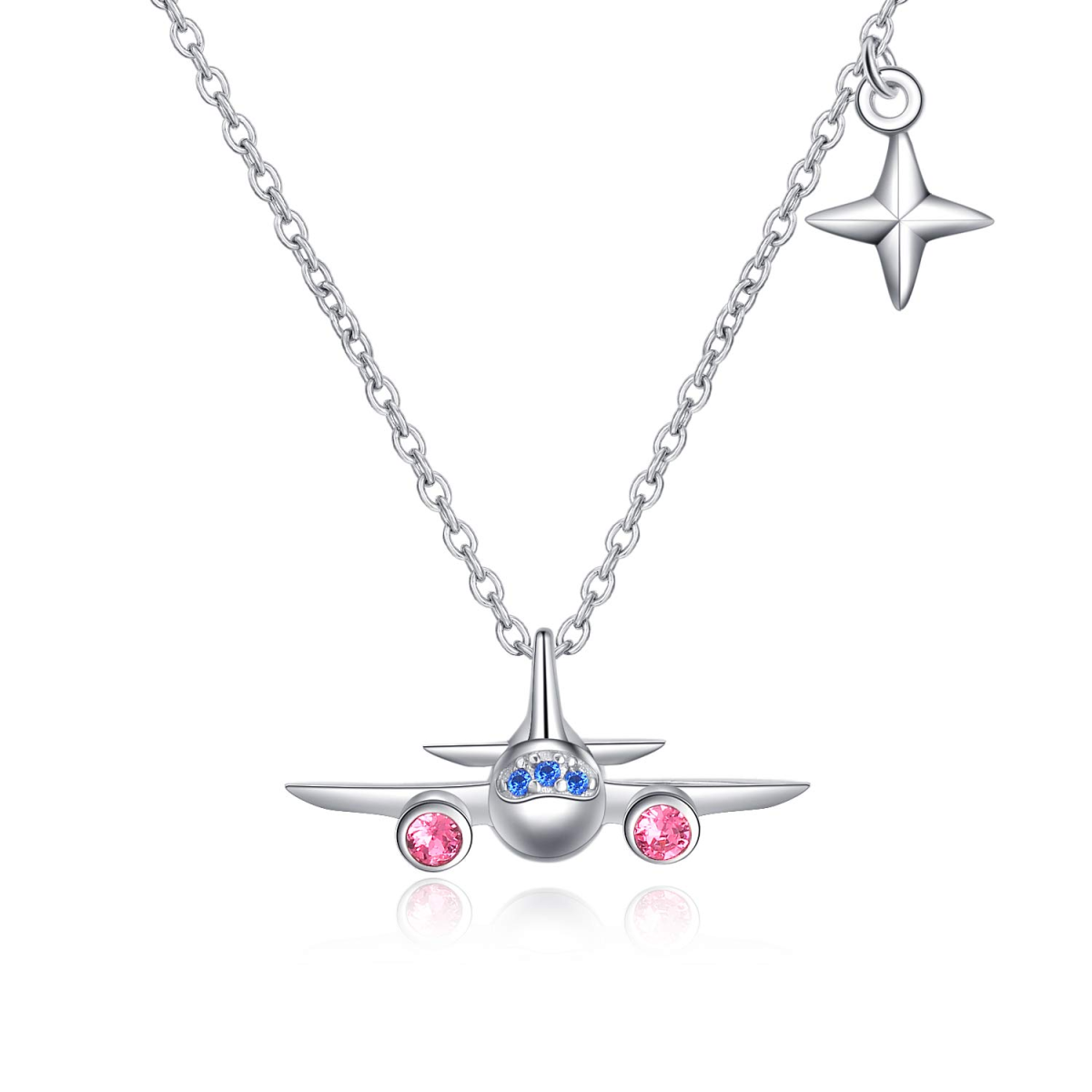 Sterling Silver Circular Shaped Crystal Airplane & Star Pendant Necklace-1