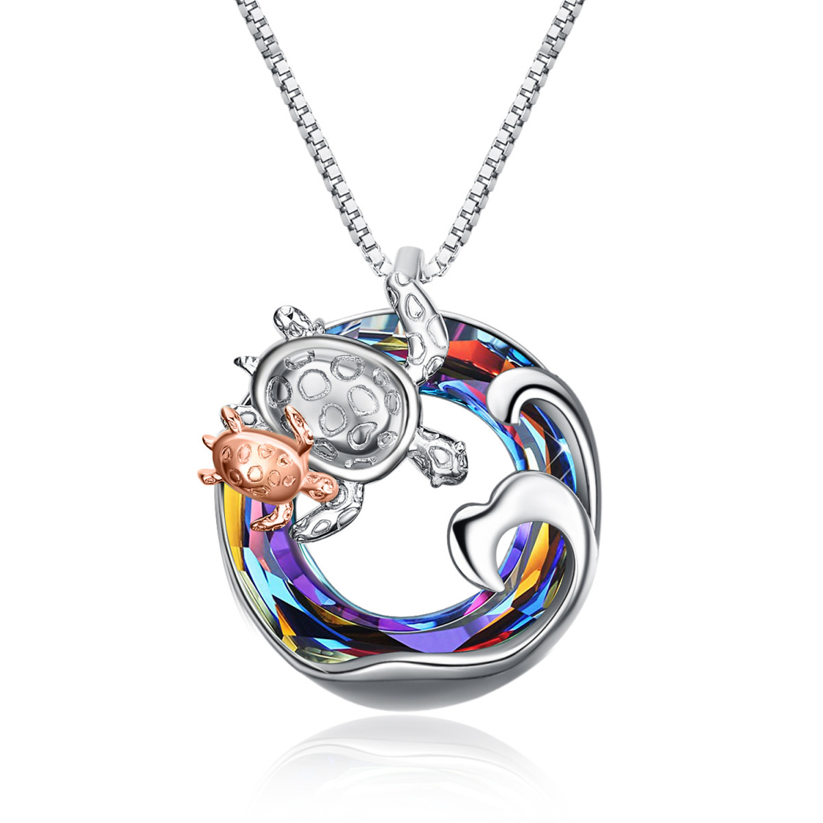 Sterling Silver Two-tone Circular Shaped Sea Turtle & Spray Crystal Pendant Necklace-1