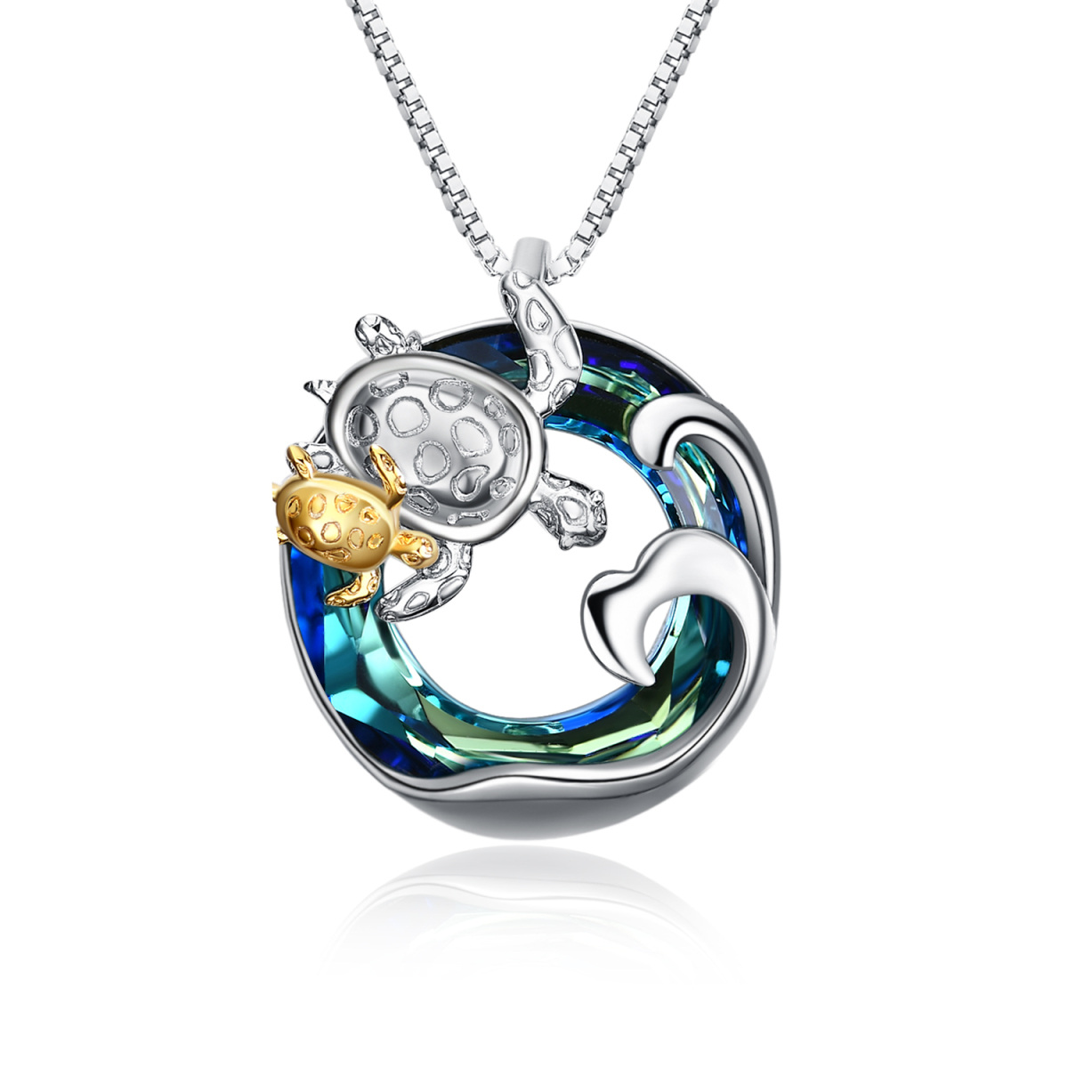 Sterling Silver Two-tone Circular Shaped Sea Turtle Crystal Pendant Necklace-1