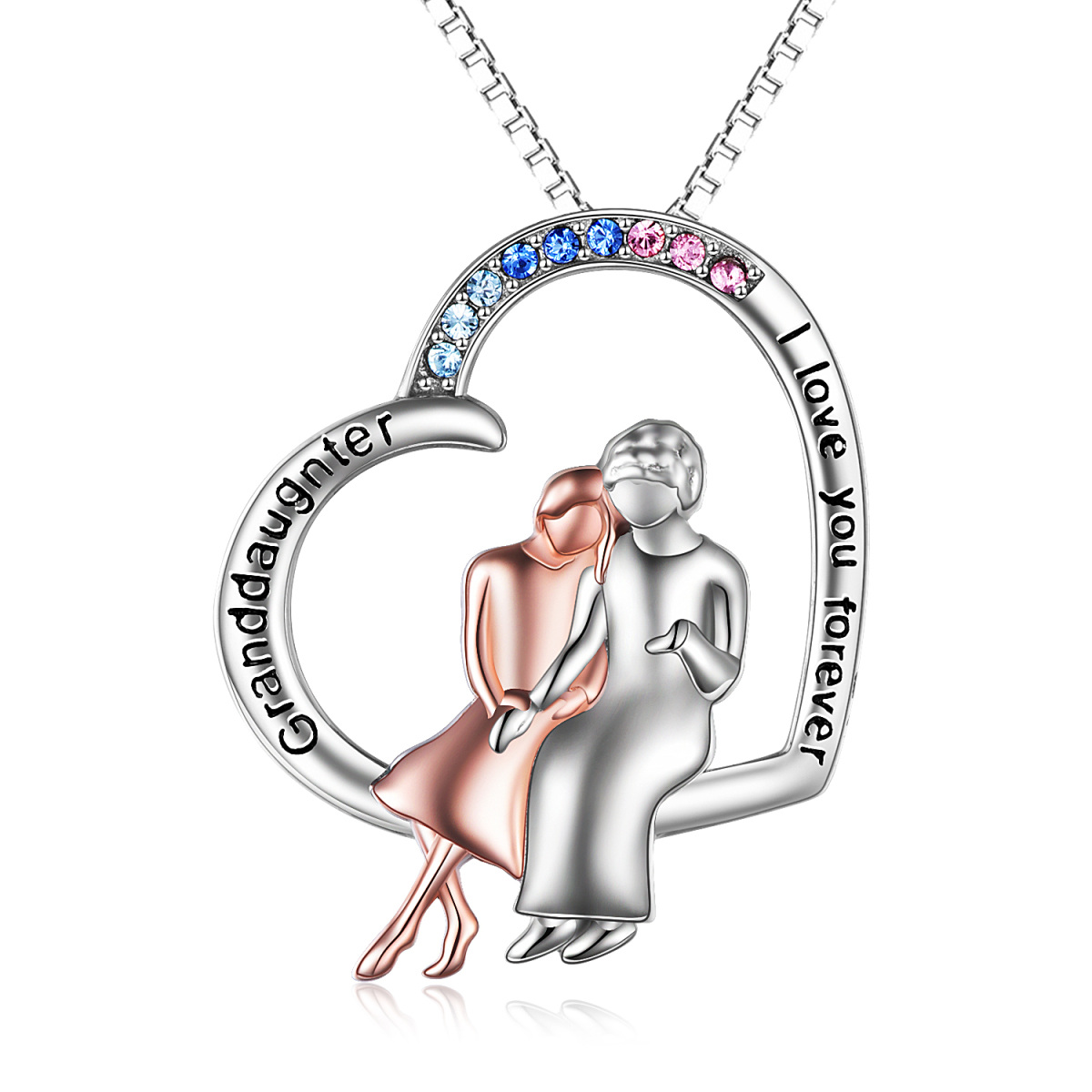 Sterling Silber zweifarbig kreisförmig Cubic Zirkonia Großmutter & Herz Anhänger Halskette-1