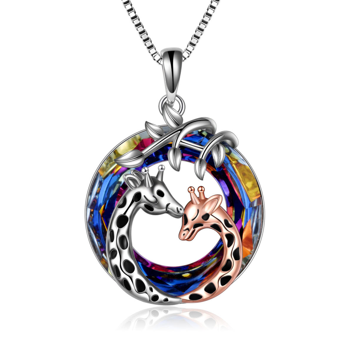 Sterling Silver Two-tone Circular Shaped Giraffe Crystal Pendant Necklace-1