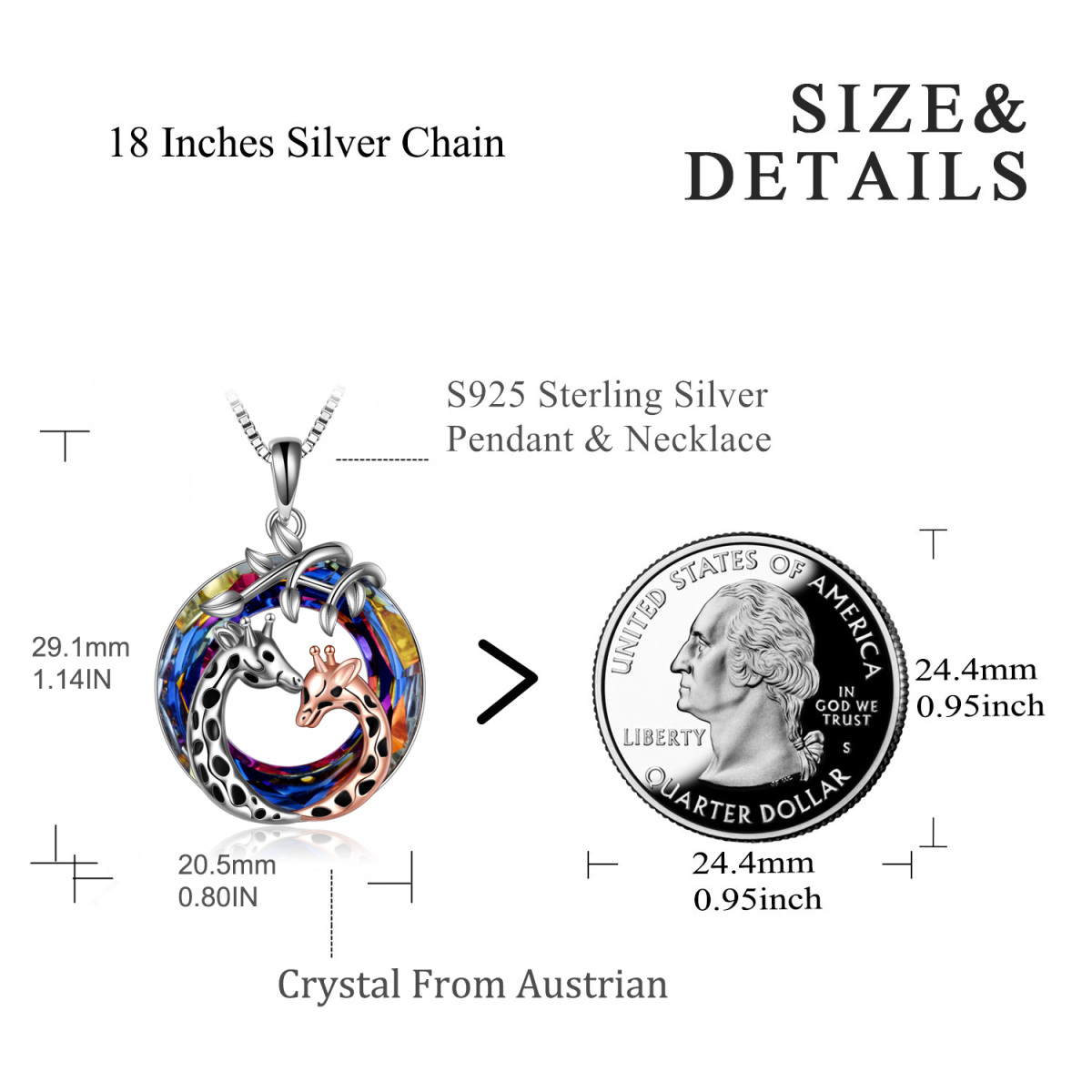 Sterling Silber zweifarbig kreisförmig Giraffe Kristall Anhänger Halskette-6