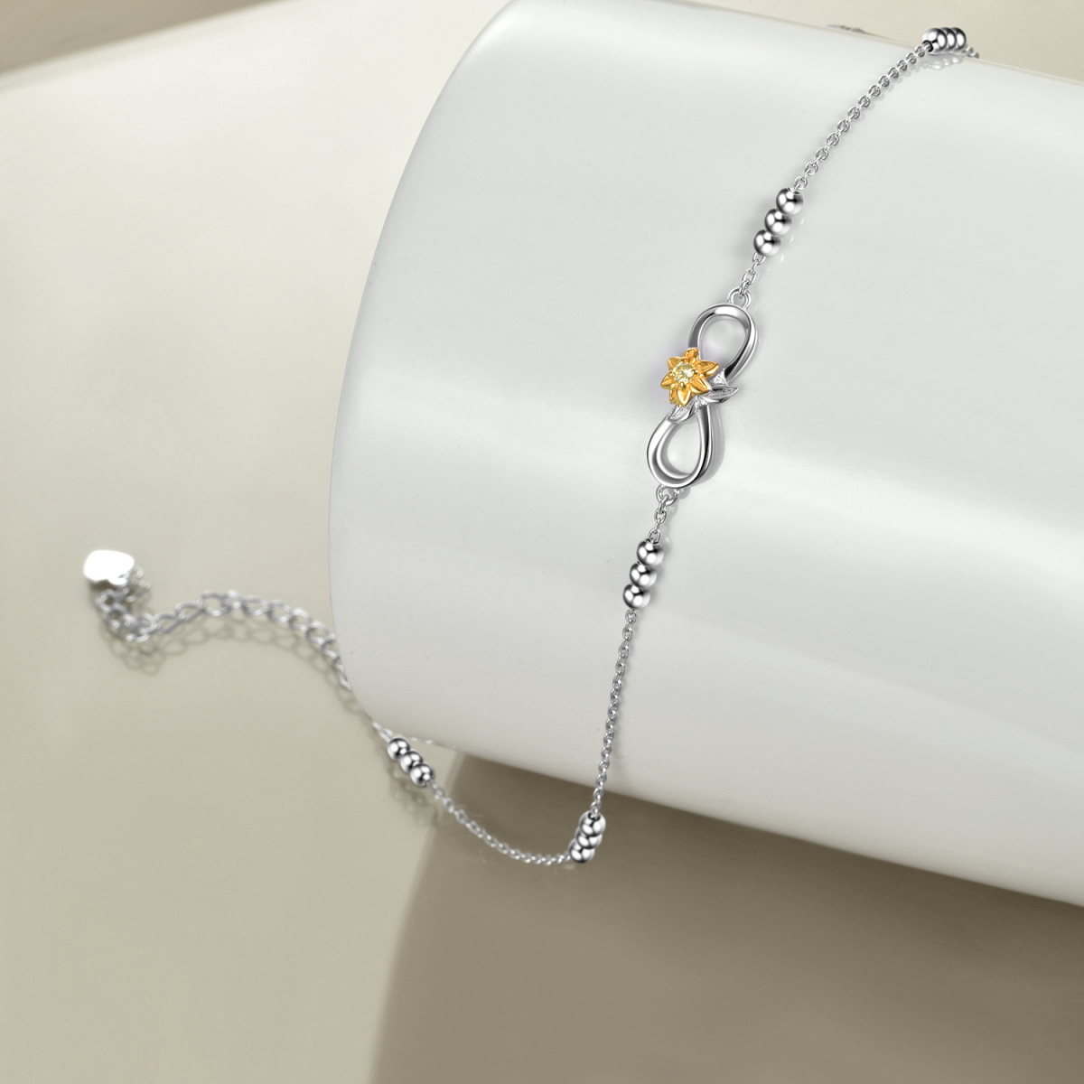 Sterling Silver Two-tone Circular Shaped Cubic Zirconia Sunflower & Infinity Symbol Single Layer Anklet-3