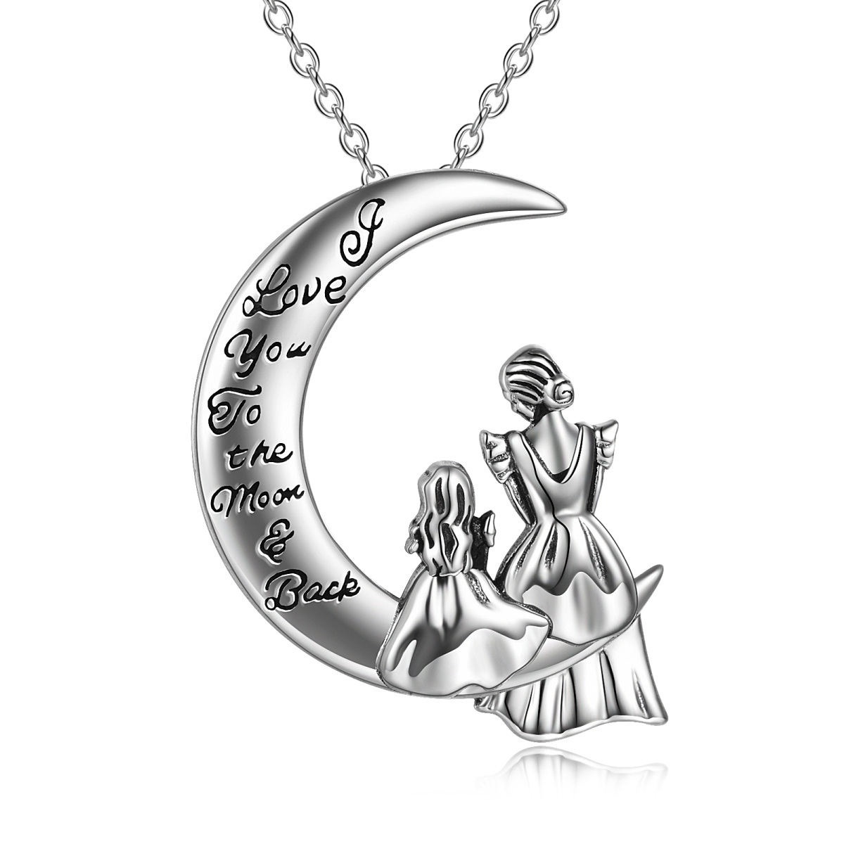 Sterling Silver Mother & Daughter Moon Pendant Necklace with Engraved Word-1