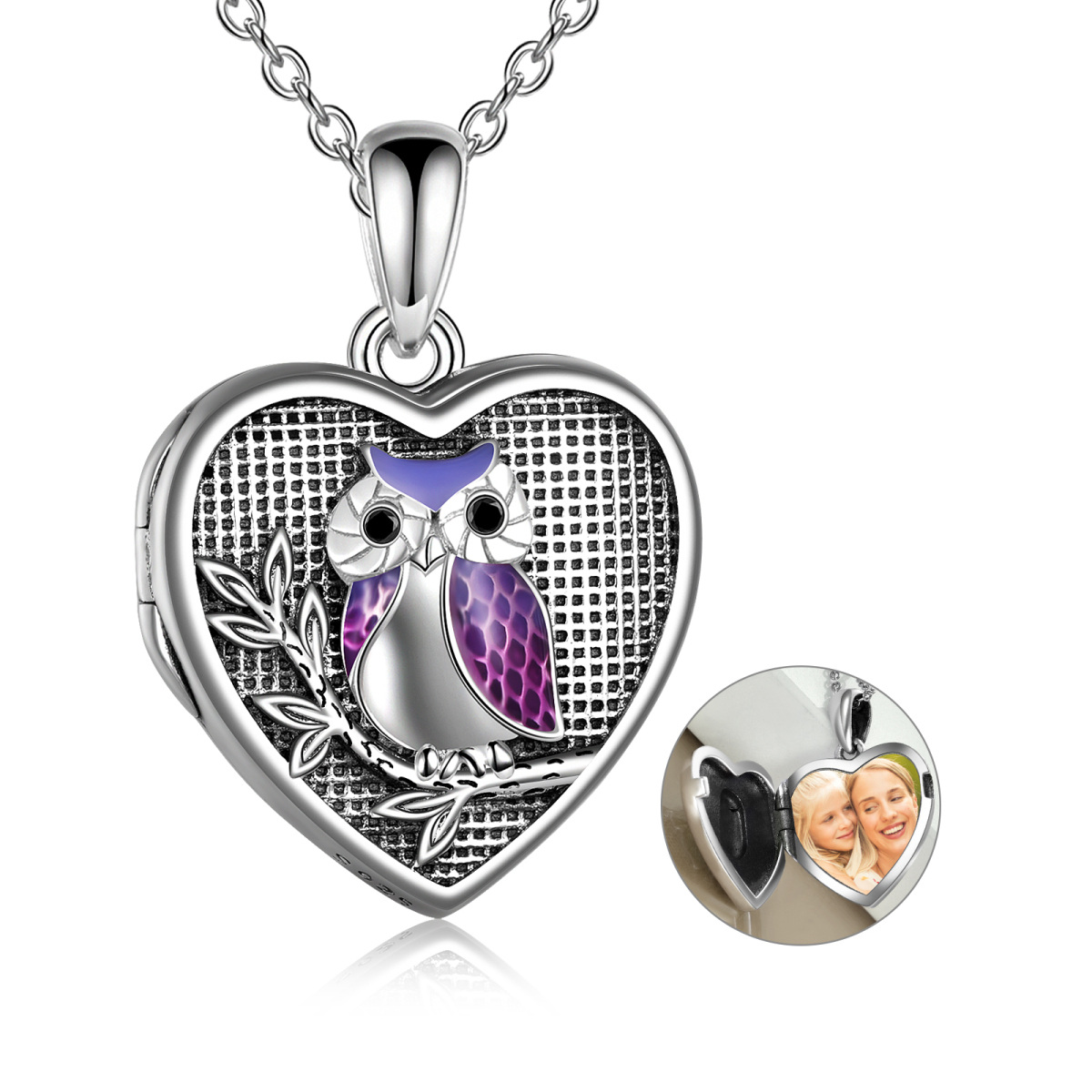 Collier en argent sterling avec pendentif photo personnalisé hibou et coeur-1