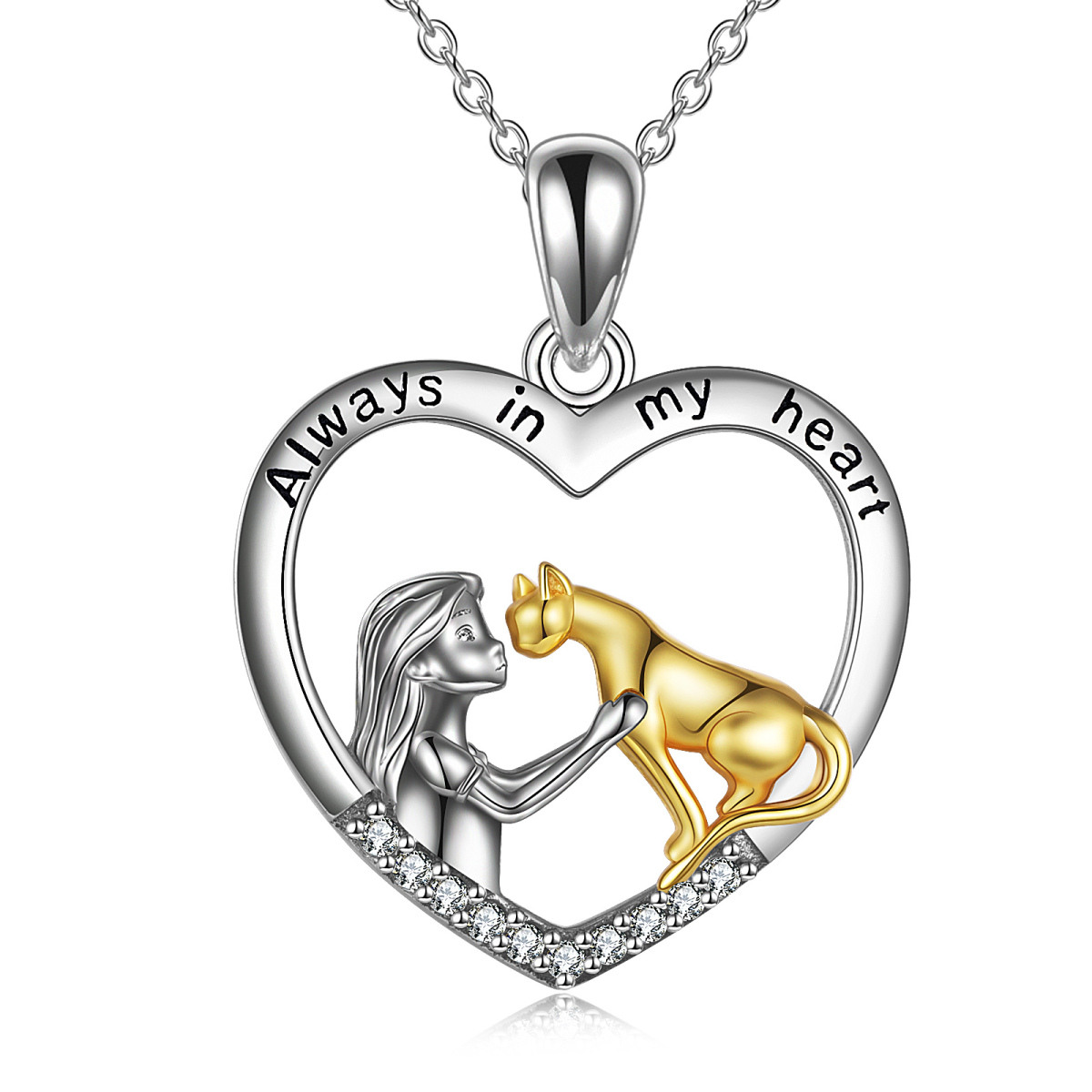 Sterling Silver Two-tone Cat & Girl Heart Pendant Necklace with Engraved Word-1