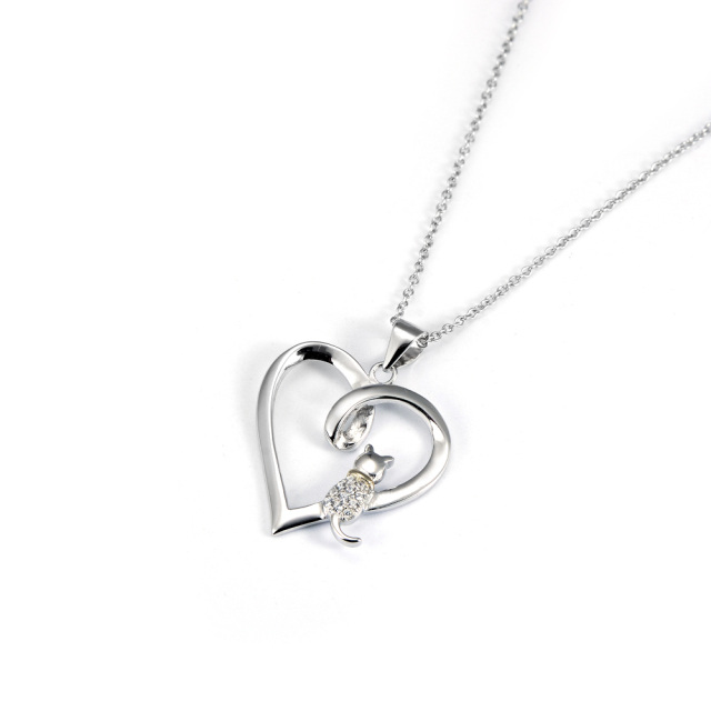 Sterling Silver Two-tone Circular Shaped Cubic Zirconia Cat & Heart Pendant Necklace-4