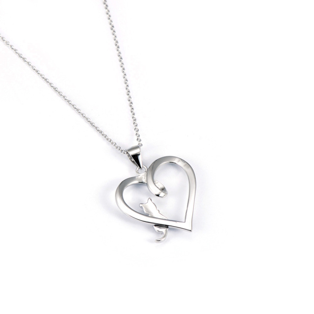 Sterling Silver Two-tone Circular Shaped Cubic Zirconia Cat & Heart Pendant Necklace-5