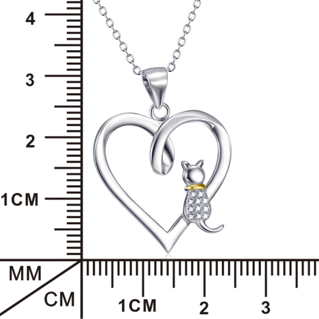 Sterling Silver Two-tone Circular Shaped Cubic Zirconia Cat & Heart Pendant Necklace-6