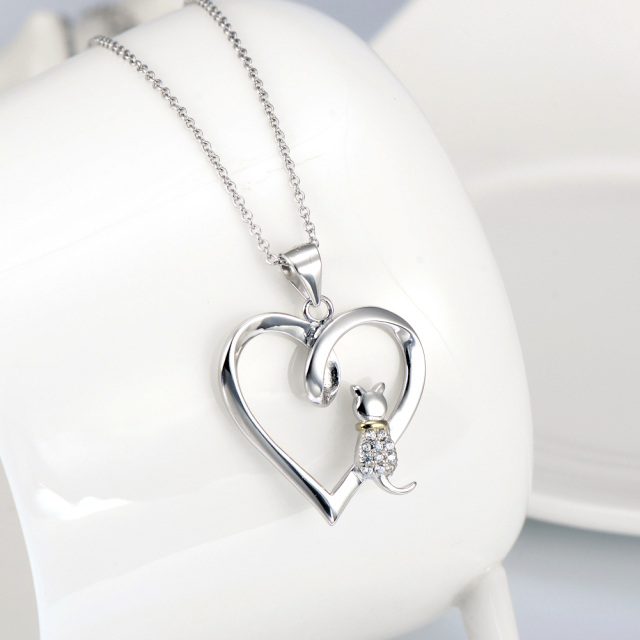 Sterling Silver Two-tone Circular Shaped Cubic Zirconia Cat & Heart Pendant Necklace-3