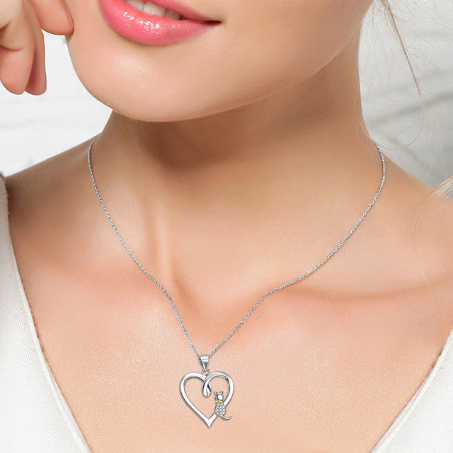 Sterling Silver Two-tone Circular Shaped Cubic Zirconia Cat & Heart Pendant Necklace-1
