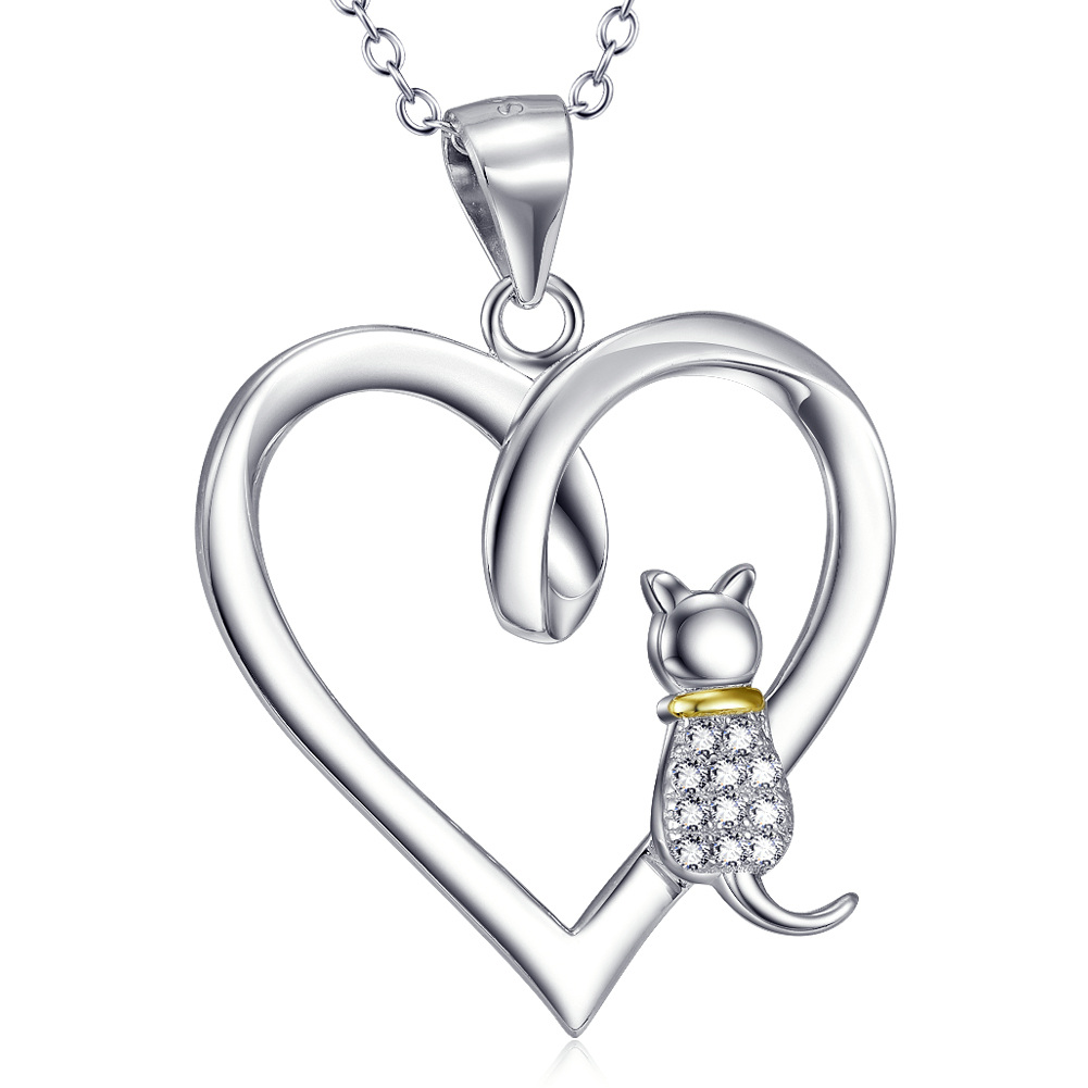 Collier avec pendentif en forme de cœur de chat en argent sterling et oxyde de zirconium bicolore de forme circulaire-1