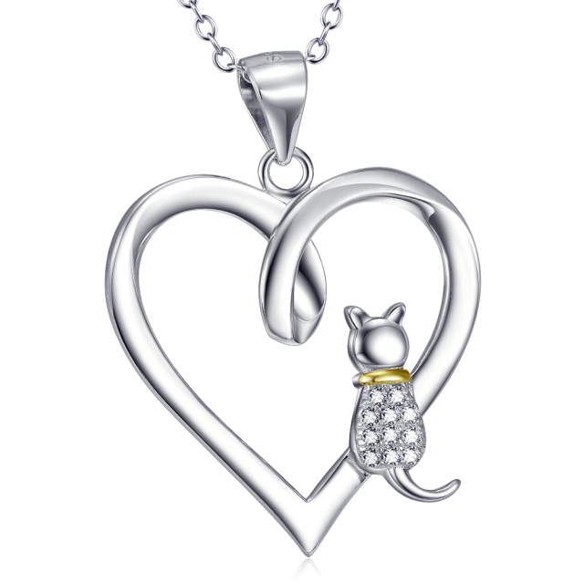 Sterling Silver Two-tone Circular Shaped Cubic Zirconia Cat & Heart Pendant Necklace-0