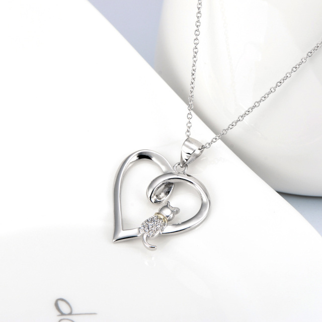 Sterling Silver Two-tone Circular Shaped Cubic Zirconia Cat & Heart Pendant Necklace-2