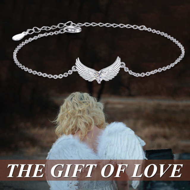 Sterling Silver Heart Cubic Zirconia Angel Wings Pendant Bracelet-3