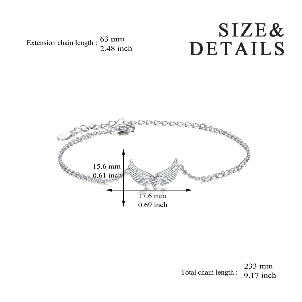 Bracelet en argent sterling avec pendentif en forme de cœur et d'ailes d'ange en zircone cubique-5