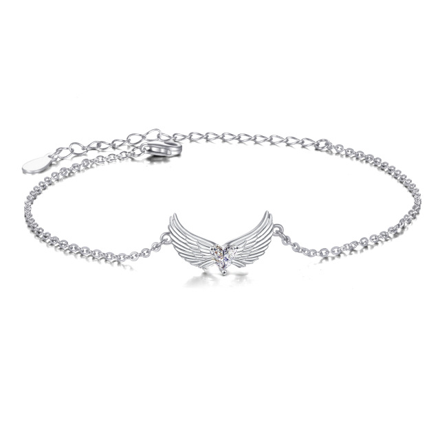 Sterling Silver Heart Cubic Zirconia Angel Wings Pendant Bracelet-1
