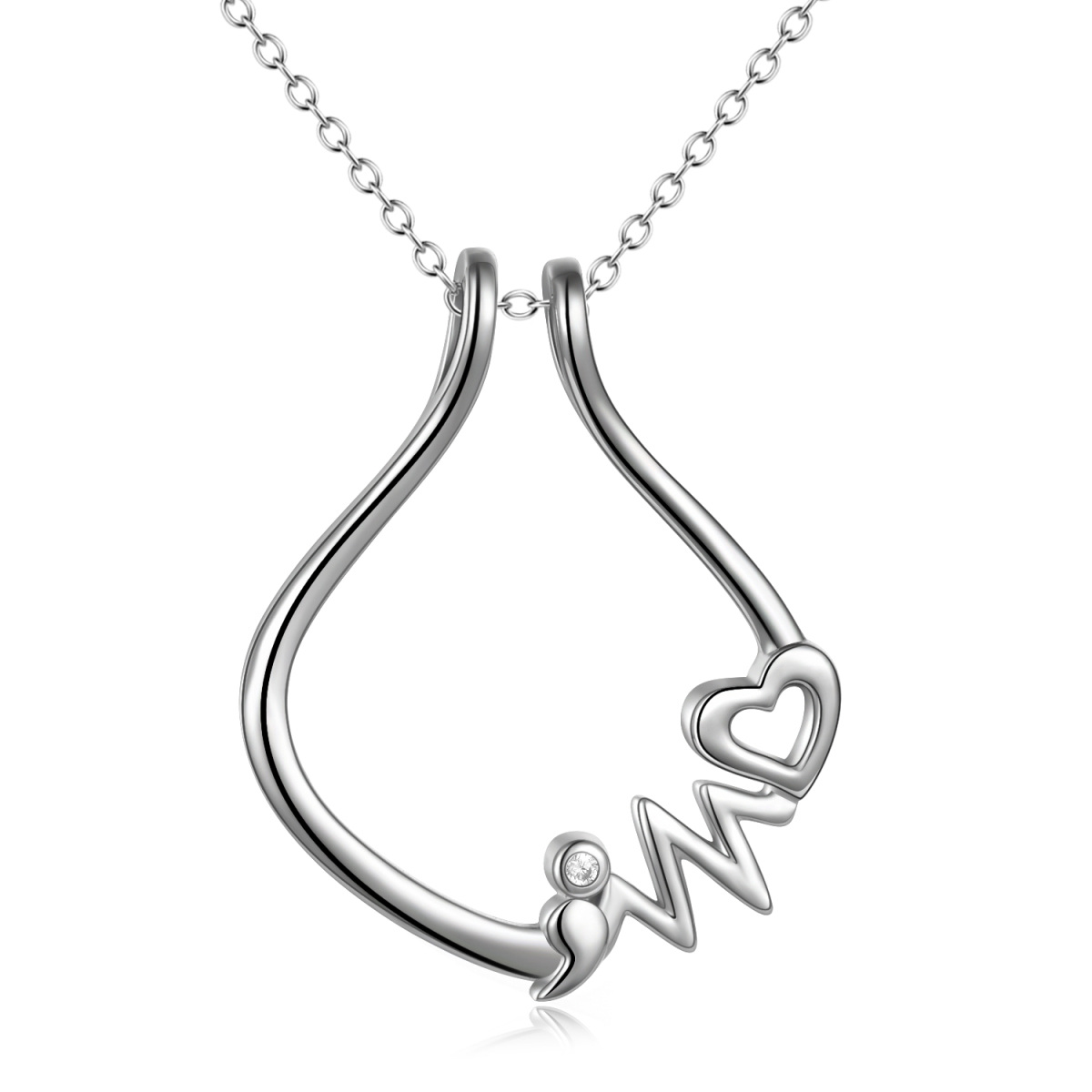 Sterling Silver Circular Shaped Cubic Zirconia Heart & Ring Holder Pendant Necklace-1