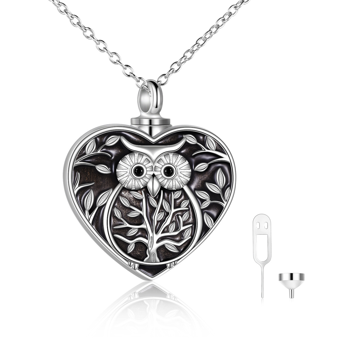 Sterling Silver Owl & Tree Of Life & Heart Urn Necklace for Ashes with Engraved Word-1