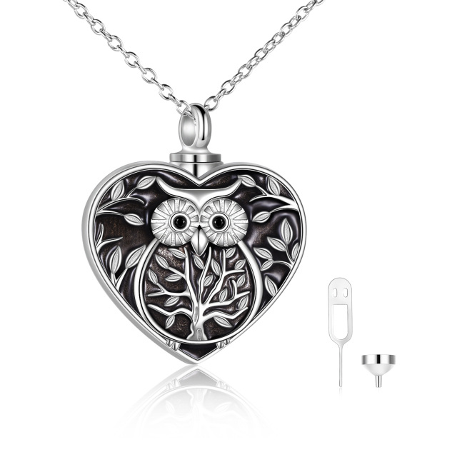 Sterling Silver Owl & Tree Of Life & Heart Urn Necklace for Ashes with Engraved Word-0