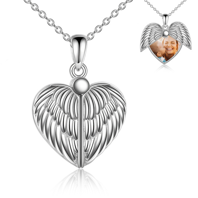 Colar de prata esterlina com asas de anjo, medalhão fotográfico personalizado com palavra-0