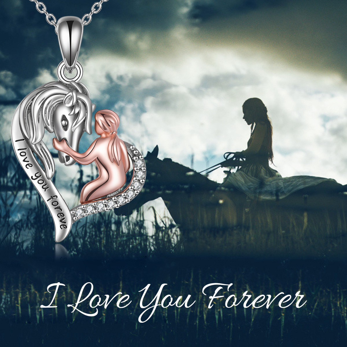 Sterling Silver Two-tone Circular Shaped Horse & Heart Pendant Necklace with Engraved Word-6