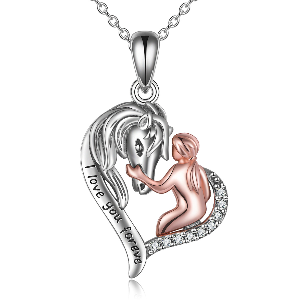 Sterling Silver Two-tone Circular Shaped Horse & Heart Pendant Necklace with Engraved Word-1