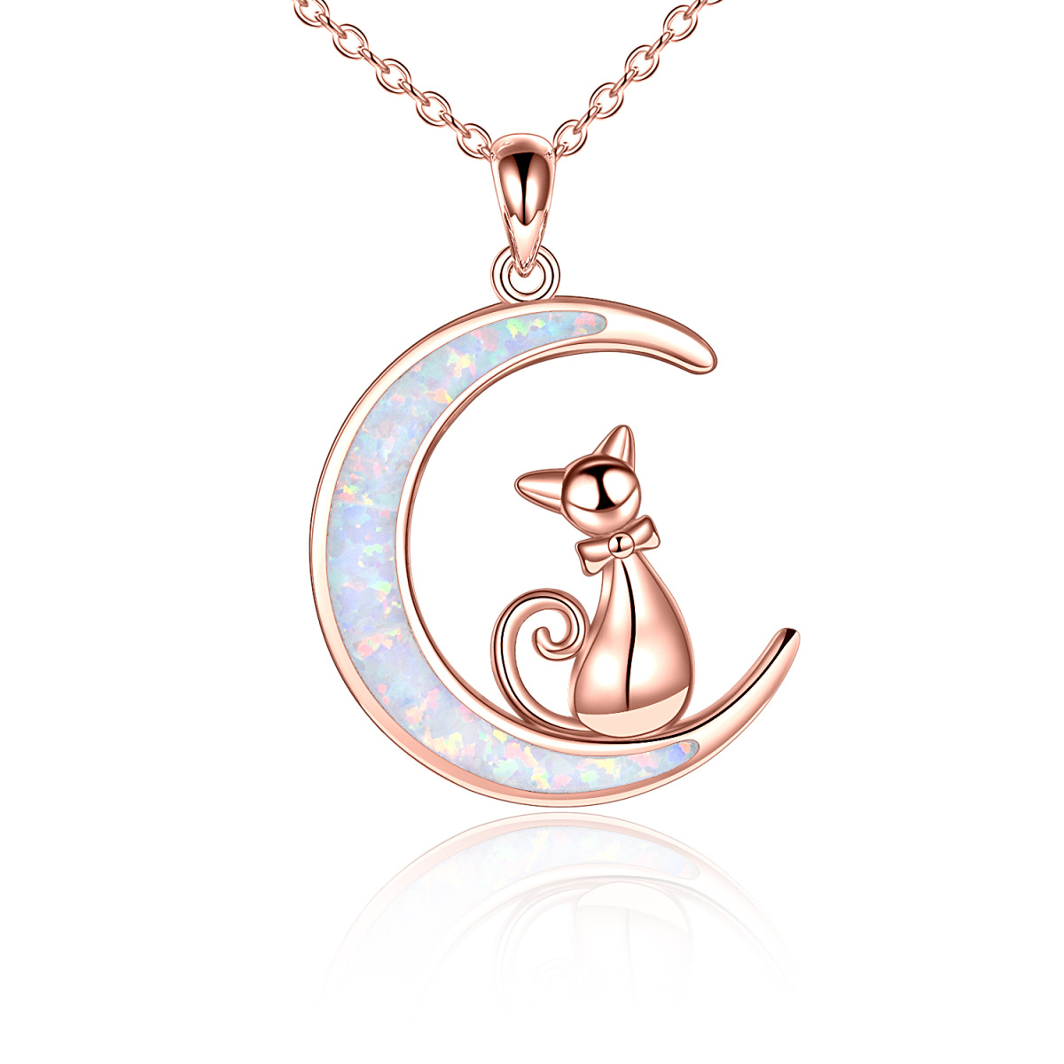 Sterling Silver with Rose Gold Plated Opal Cat Pendant Necklace-1