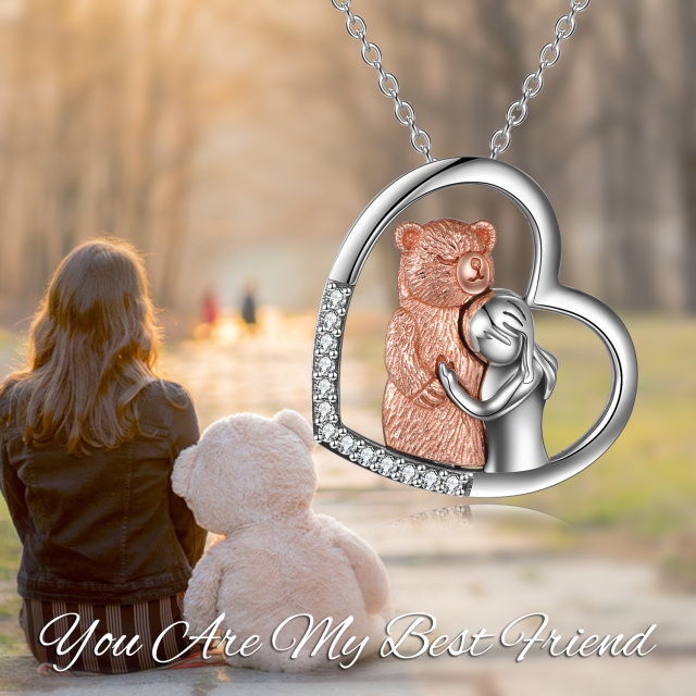 Sterling Silver Two-tone Cubic Zirconia Bear & Heart Pendant Necklace-2