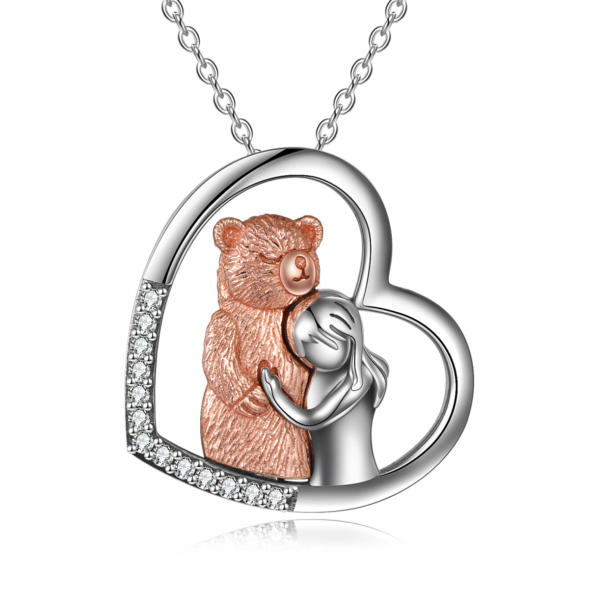 Sterling Silver Two-tone Cubic Zirconia Bear & Heart Pendant Necklace-1
