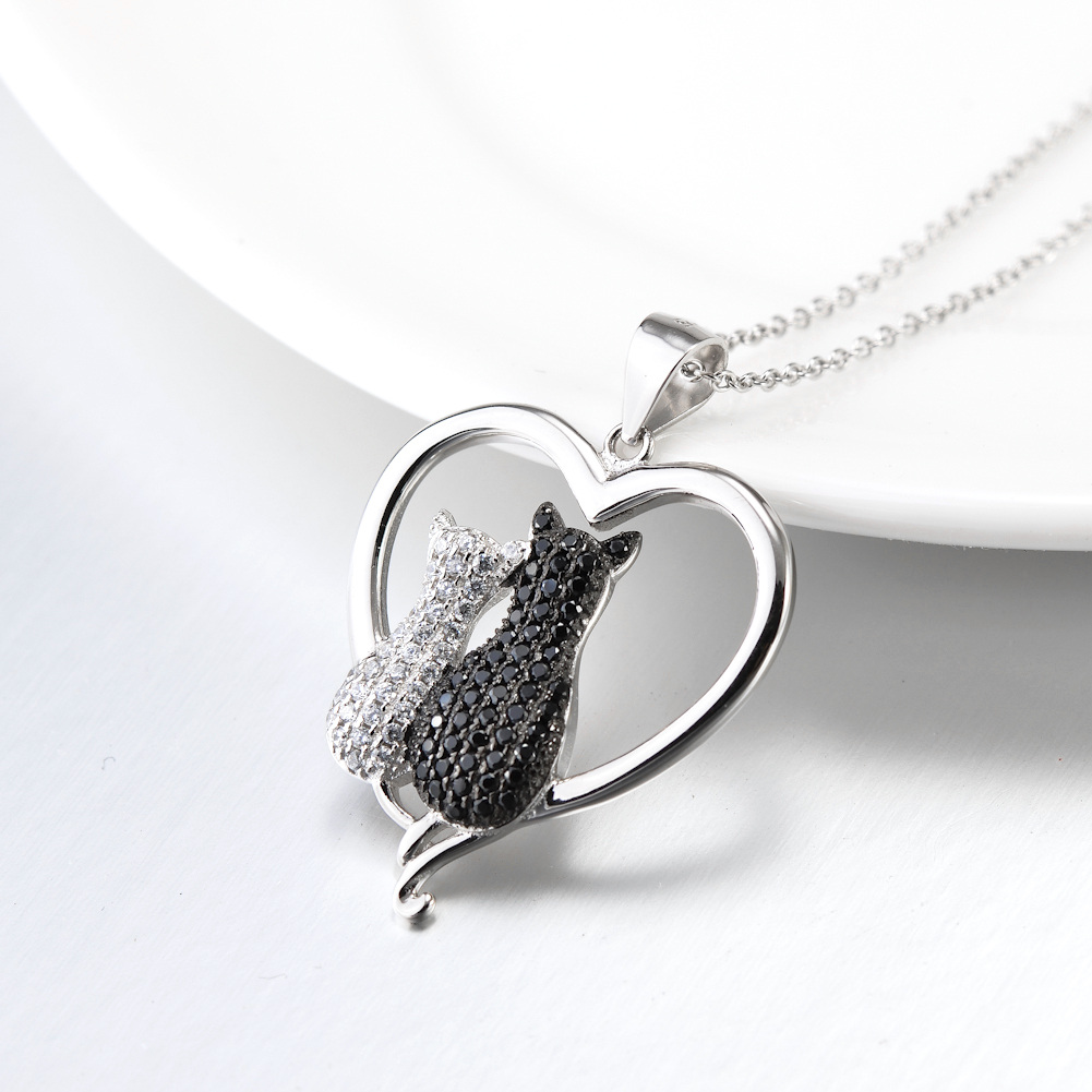 Sterling Silver Two-tone Round Zircon Cat & Heart Pendant Necklace-7