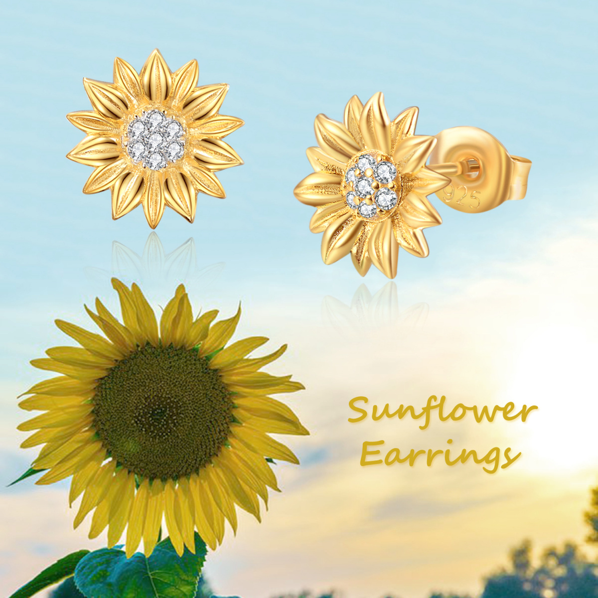 Sterling Silver with Yellow Gold Plated Circular Shaped Cubic Zirconia Sunflower Stud Earrings-6