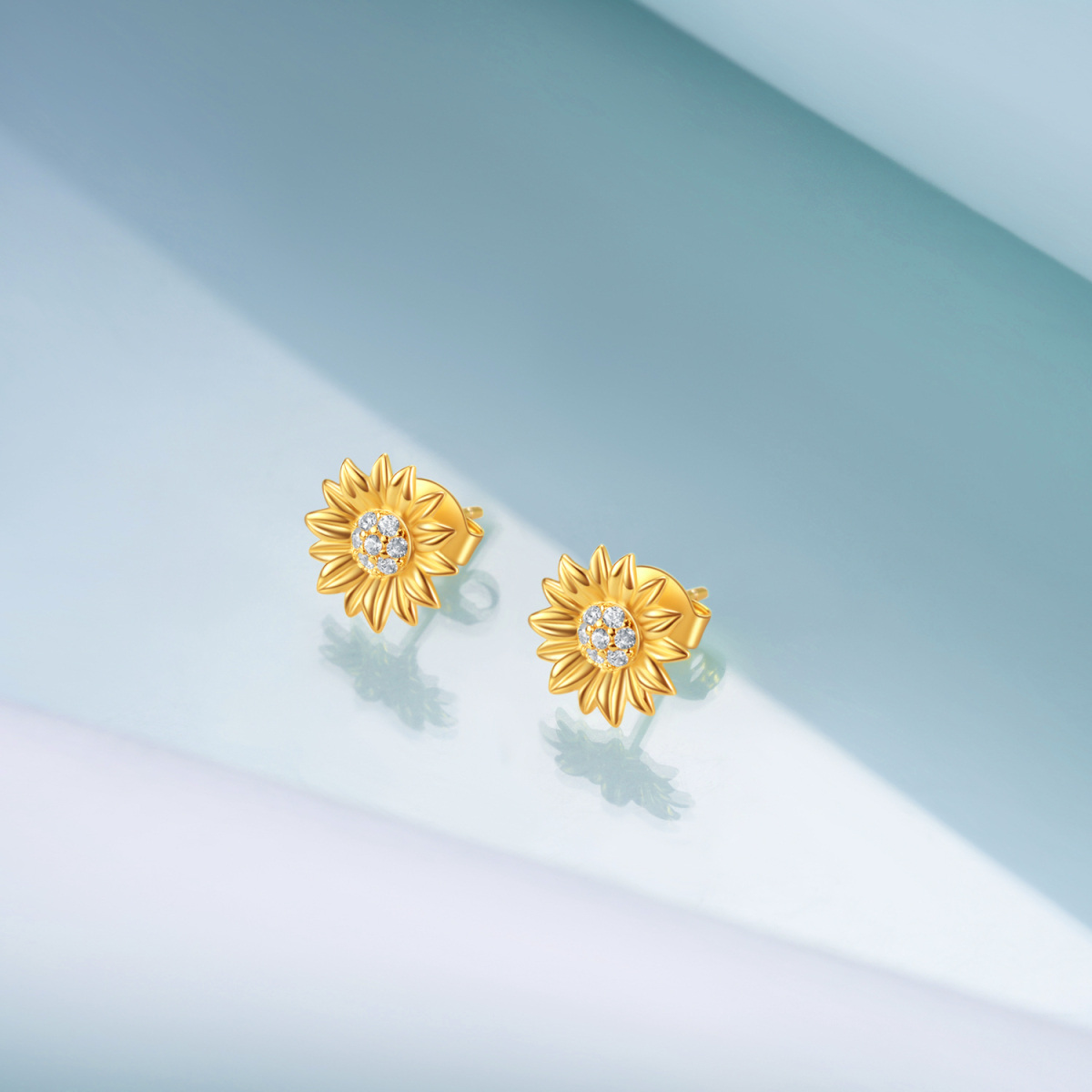 Sterling Silver with Yellow Gold Plated Circular Shaped Cubic Zirconia Sunflower Stud Earrings-3