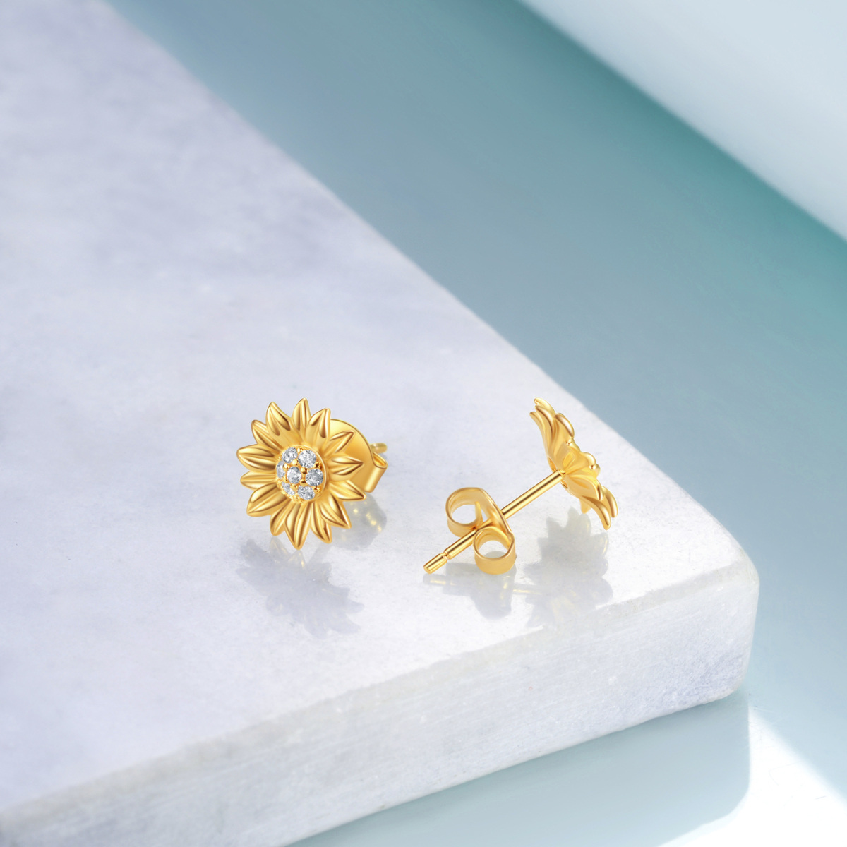 Sterling Silver with Yellow Gold Plated Circular Shaped Cubic Zirconia Sunflower Stud Earrings-4