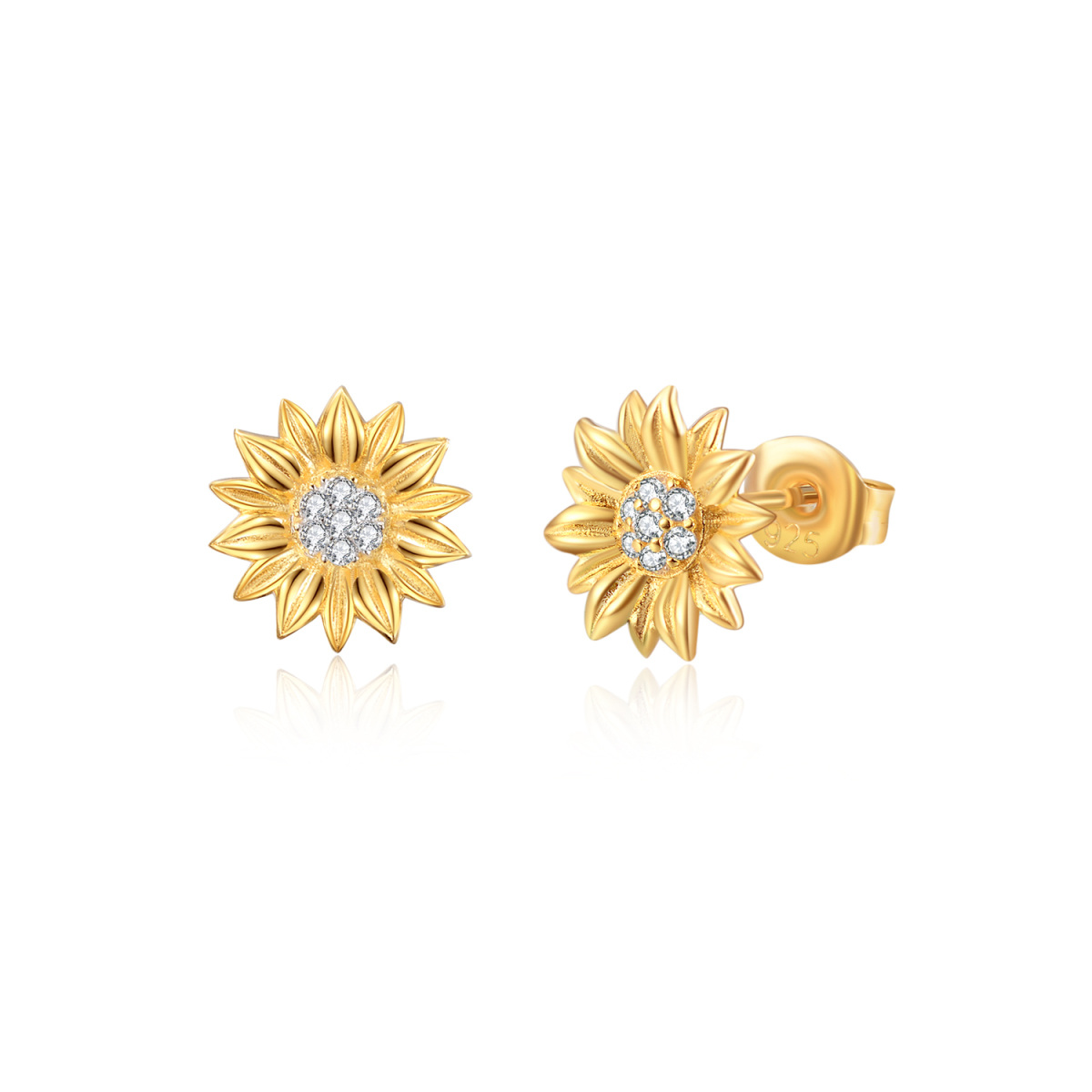 Sterling Silver with Yellow Gold Plated Circular Shaped Cubic Zirconia Sunflower Stud Earrings-1